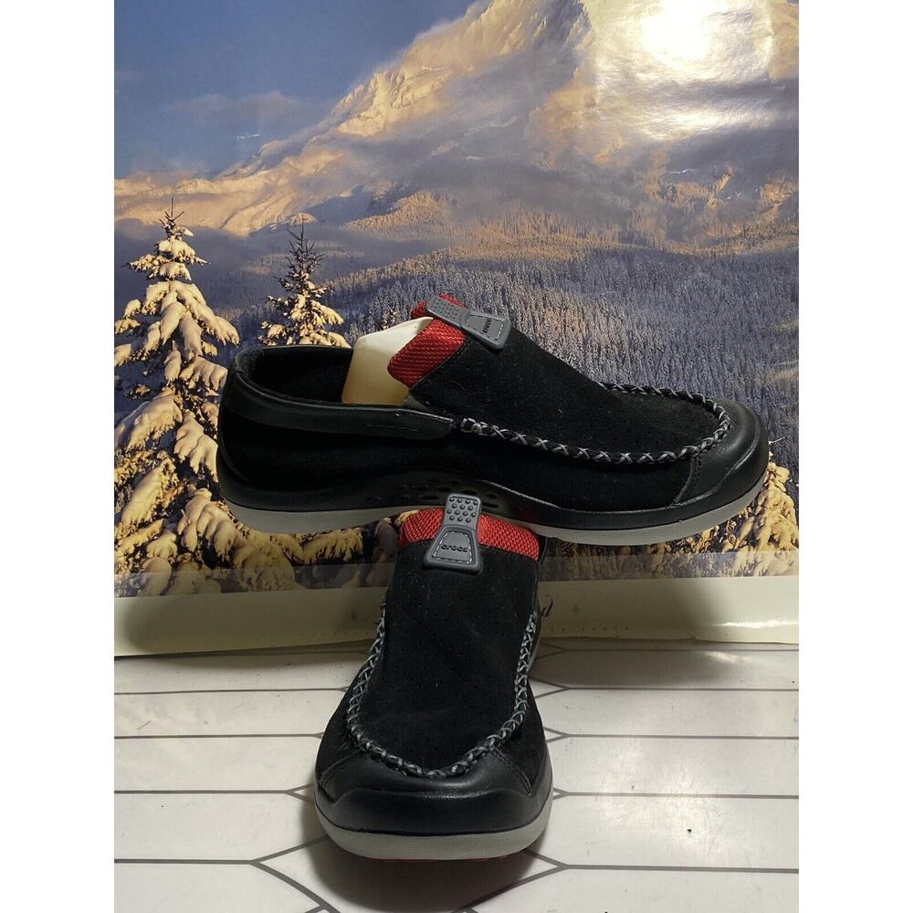 Crocs Linden Loafers Men's 12.5 Black Red Leather Slip On Boat Shoes Sneakers